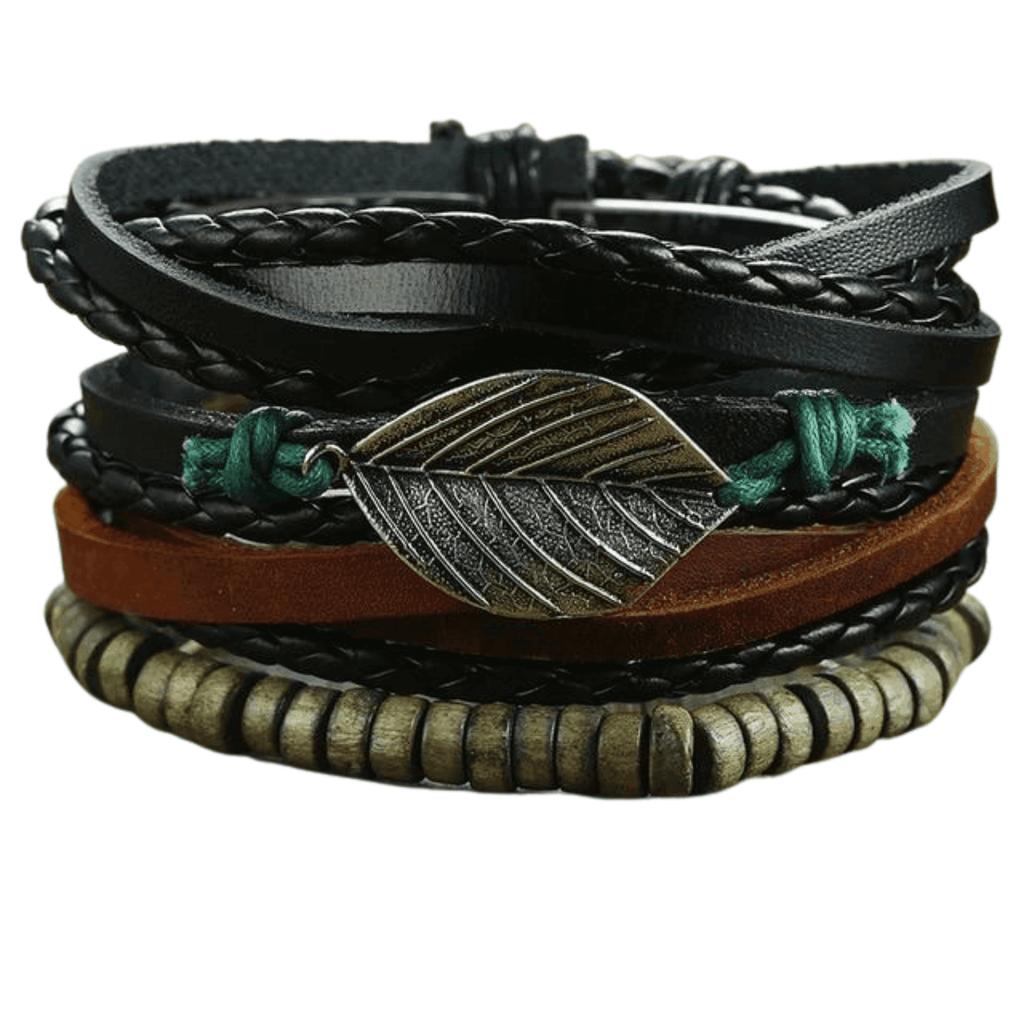 Mens black layered bracelet featuring braided leather and leaf charm for stylish accessories