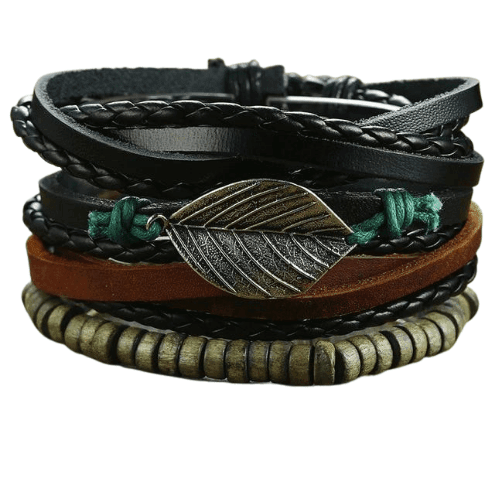 Mens black layered bracelet featuring braided leather and leaf charm for stylish accessories