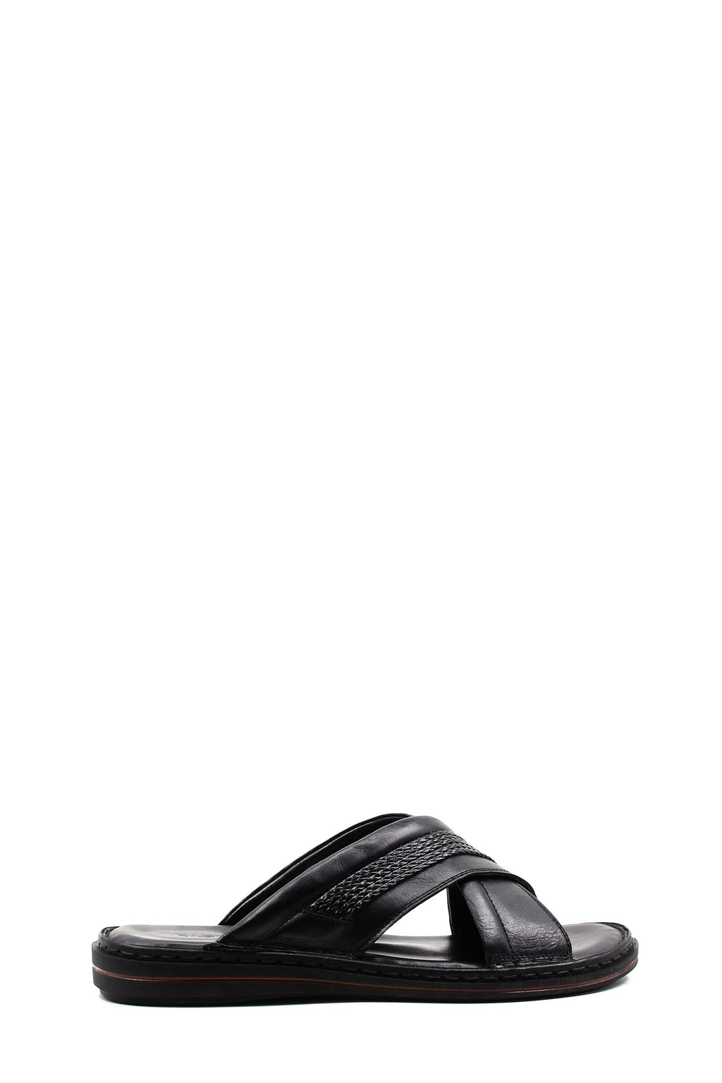 Men's Black Leather Crisscross Slide Slippers with Textured Straps and Cushioned Sole – front view