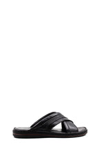 Men's Black Leather Crisscross Slide Slippers with Textured Straps and Cushioned Sole – front view