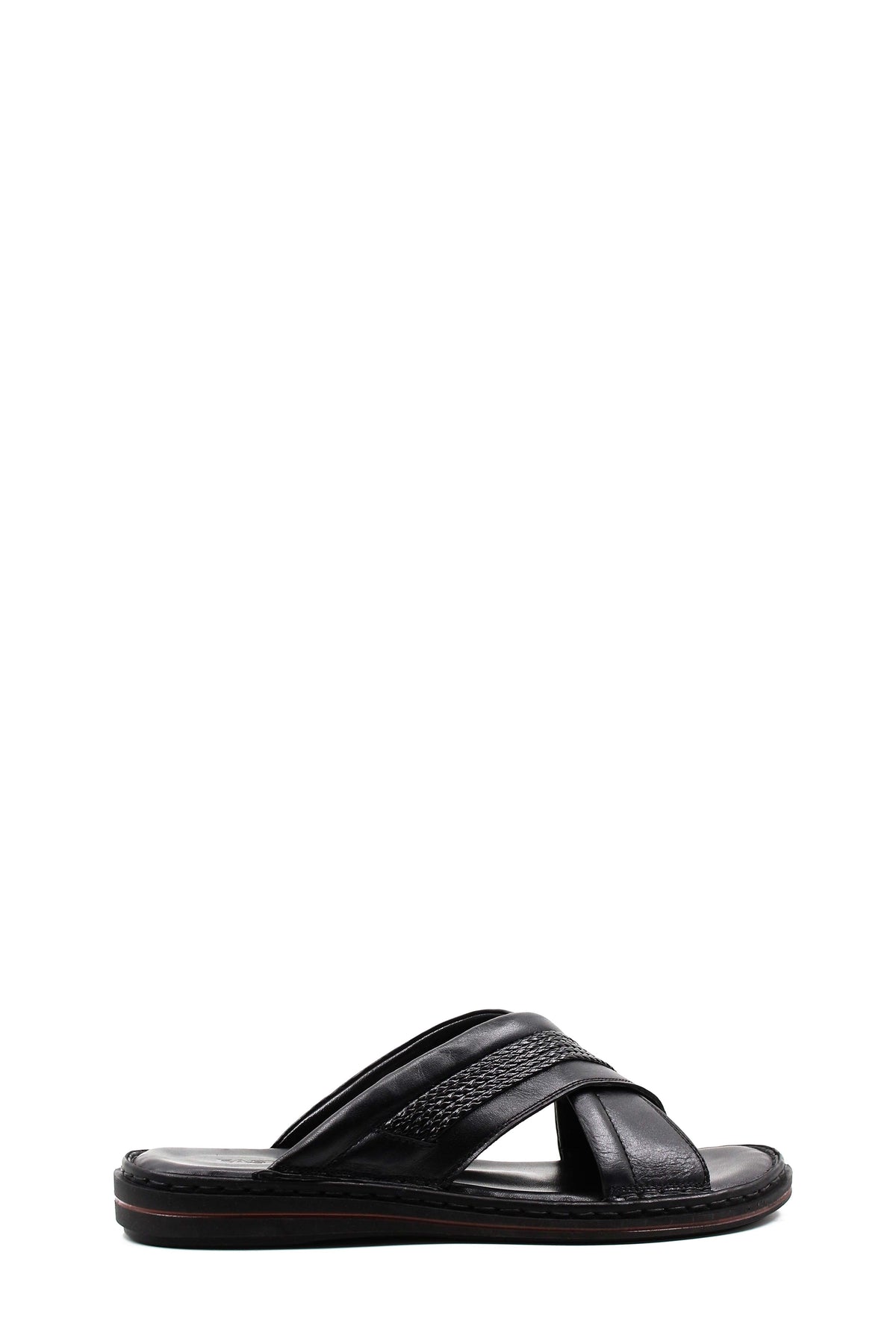 Men's Black Leather Crisscross Slide Slippers with Textured Straps and Cushioned Sole – front view