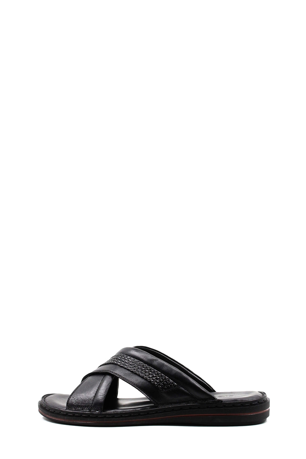 Men's Black Leather Crisscross Slide Slippers with Textured Straps and Cushioned Sole – detail view