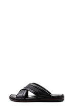 Men's Black Leather Crisscross Slide Slippers with Textured Straps and Cushioned Sole – detail view