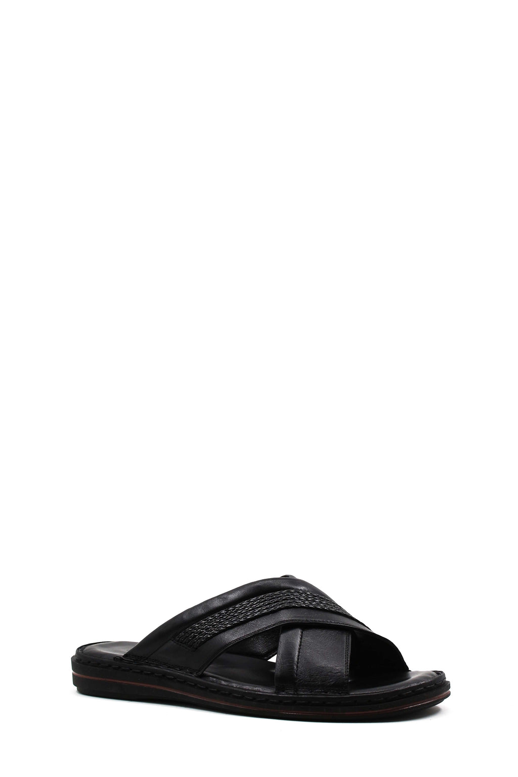 Men's Black Leather Crisscross Slide Slippers with Textured Straps and Cushioned Sole – side view