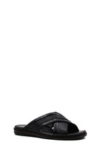 Men's Black Leather Crisscross Slide Slippers with Textured Straps and Cushioned Sole – side view