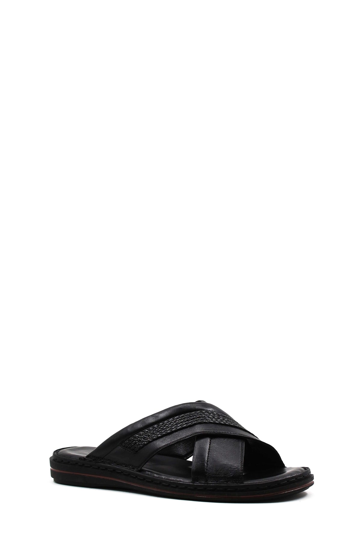 Men's Black Leather Crisscross Slide Slippers with Textured Straps and Cushioned Sole – side view