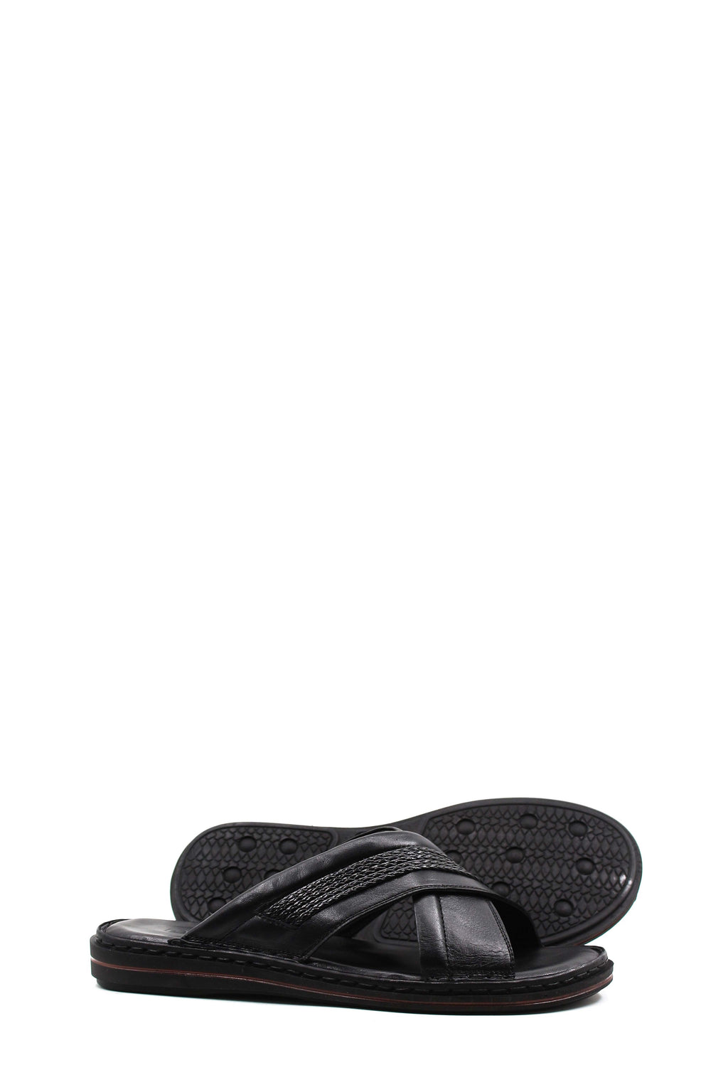 Men's Black Leather Crisscross Slide Slippers with Textured Straps and Cushioned Sole – styled view