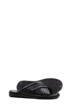 Men's Black Leather Crisscross Slide Slippers with Textured Straps and Cushioned Sole – styled view