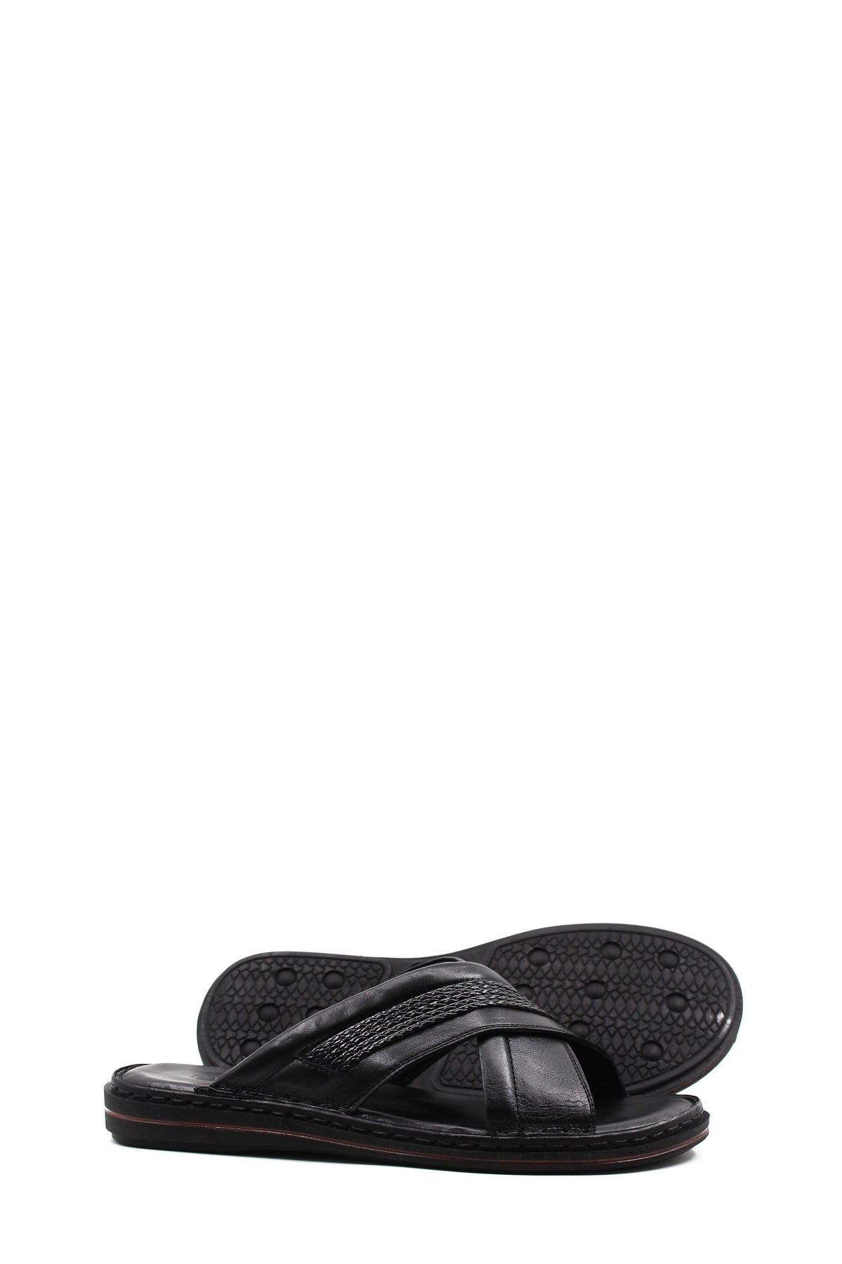 Men's Black Leather Crisscross Slide Slippers with Textured Straps and Cushioned Sole – styled view