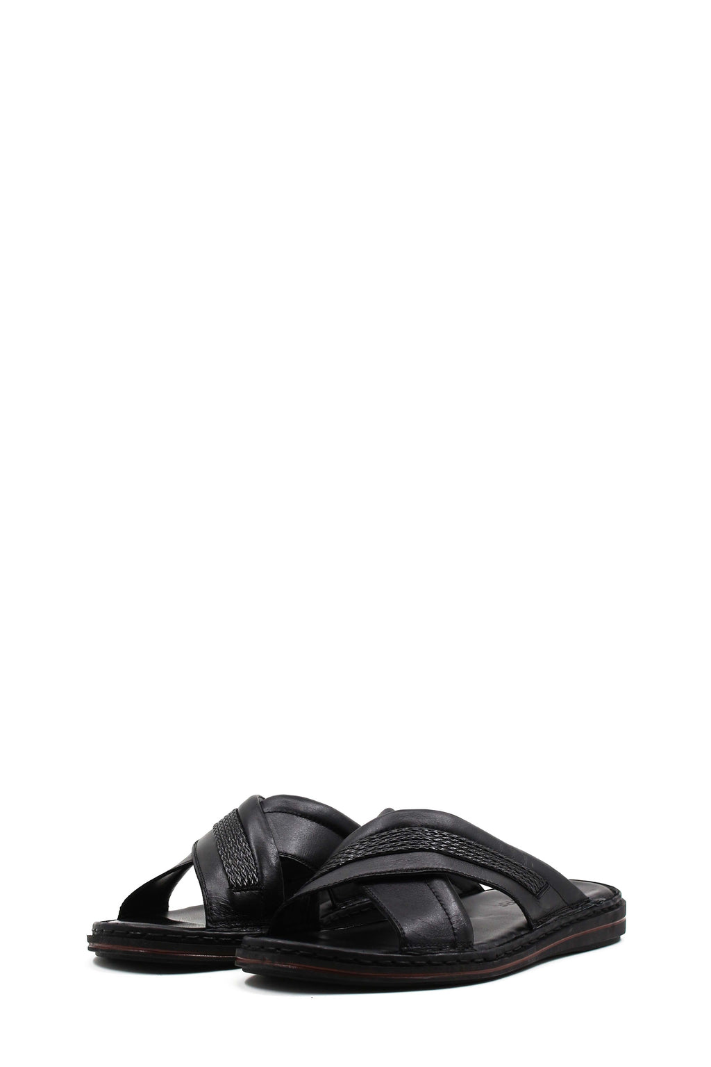 Men's Black Leather Crisscross Slide Slippers with Textured Straps and Cushioned Sole – close up view