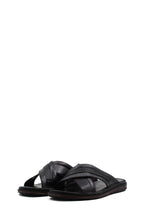 Men's Black Leather Crisscross Slide Slippers with Textured Straps and Cushioned Sole – close up view