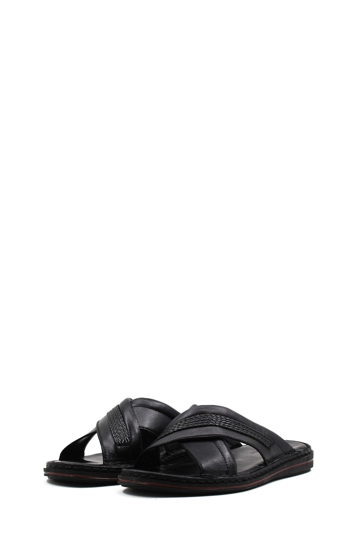 Men's Black Leather Crisscross Slide Slippers with Textured Straps and Cushioned Sole – close up view