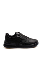 Men's Black Leather Low-Top Sneakers with Perforated Design – front view