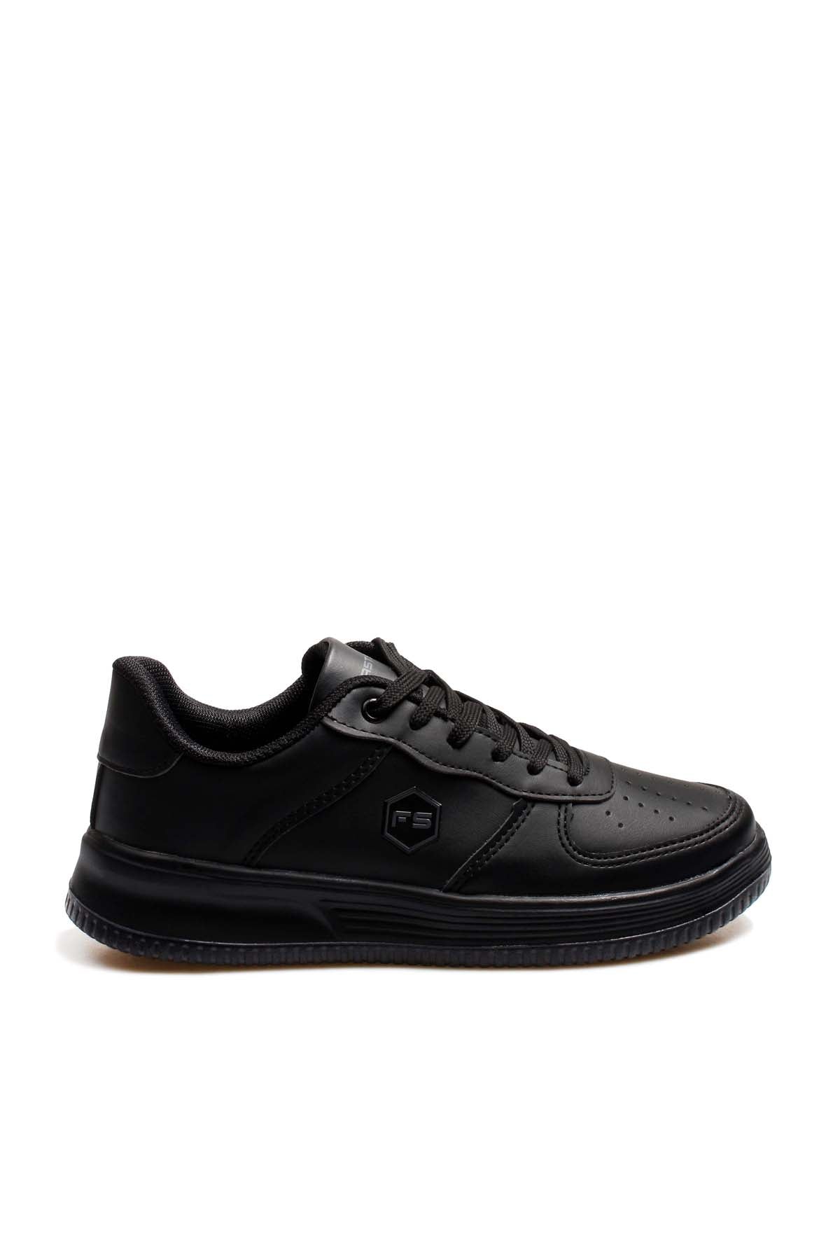 Men's Black Leather Low-Top Sneakers with Perforated Design – front view