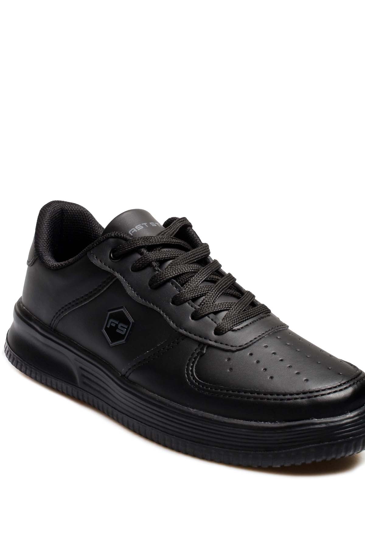 Men's Black Leather Low-Top Sneakers with Perforated Design – styled view