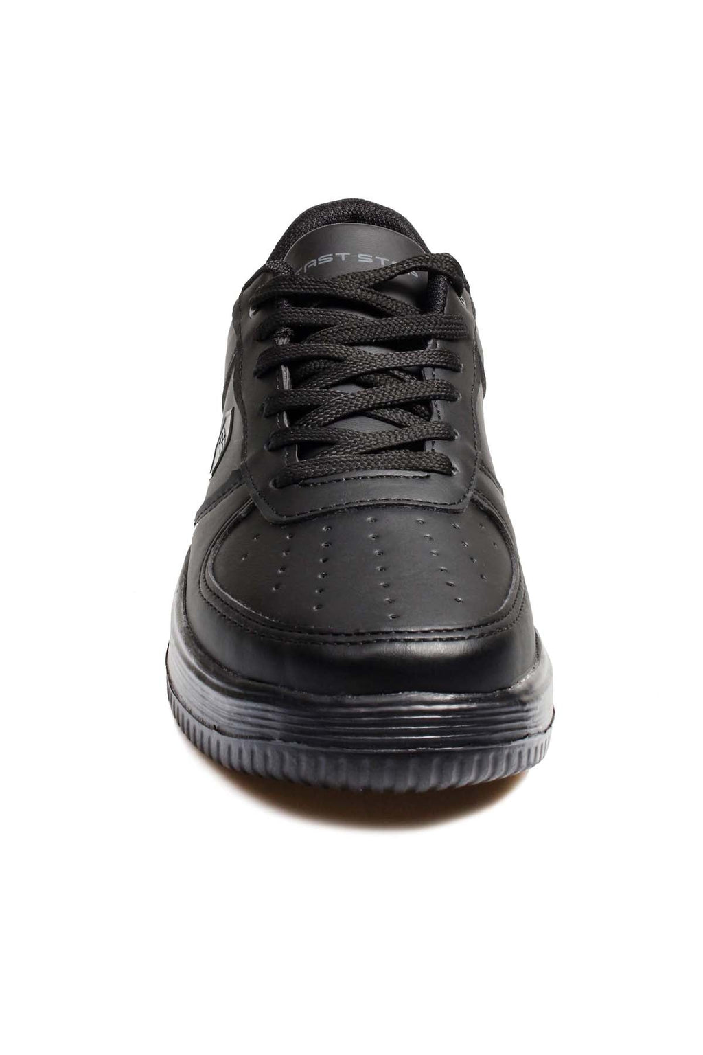Men's Black Leather Low-Top Sneakers with Perforated Design – close up view