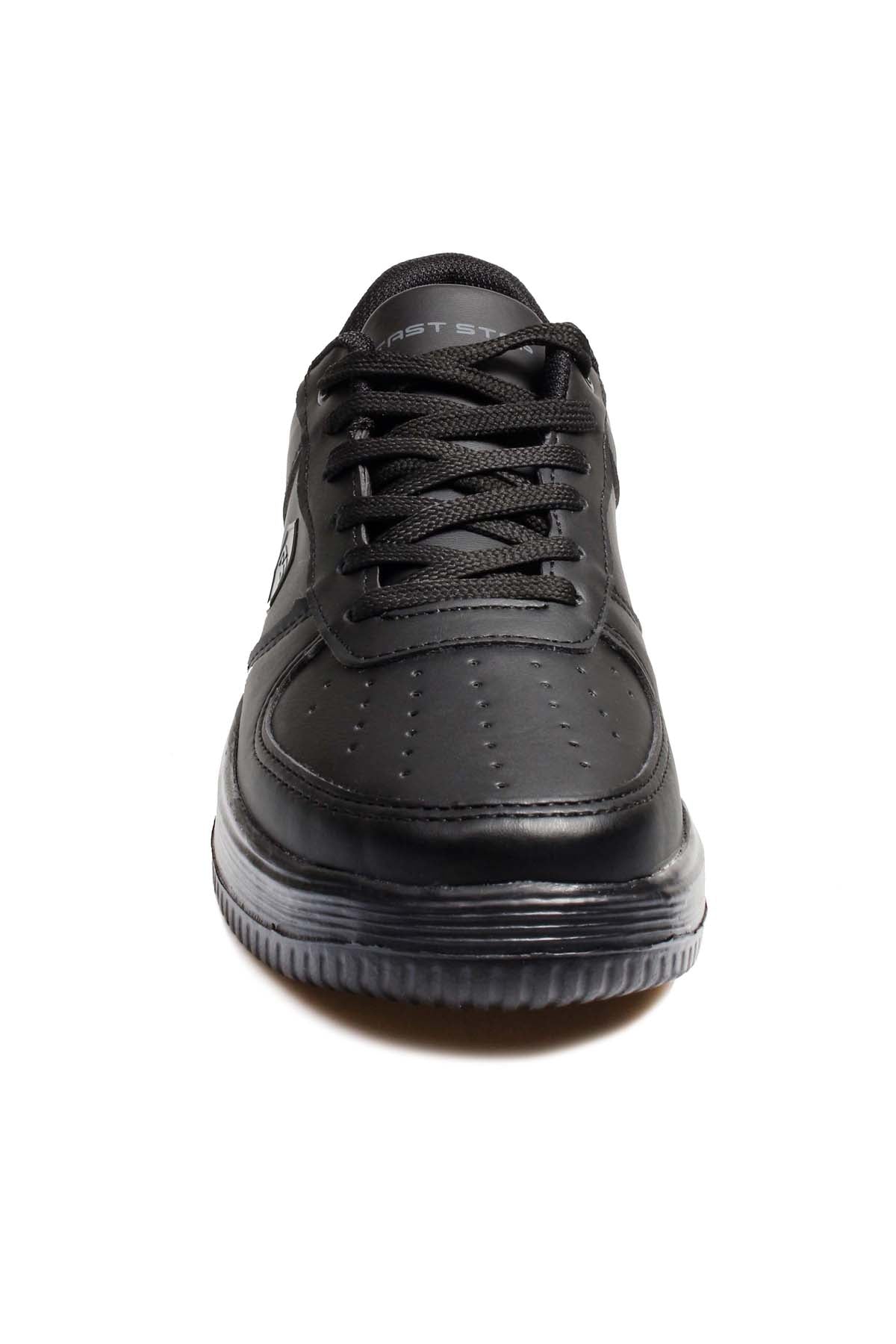 Men's Black Leather Low-Top Sneakers with Perforated Design – close up view