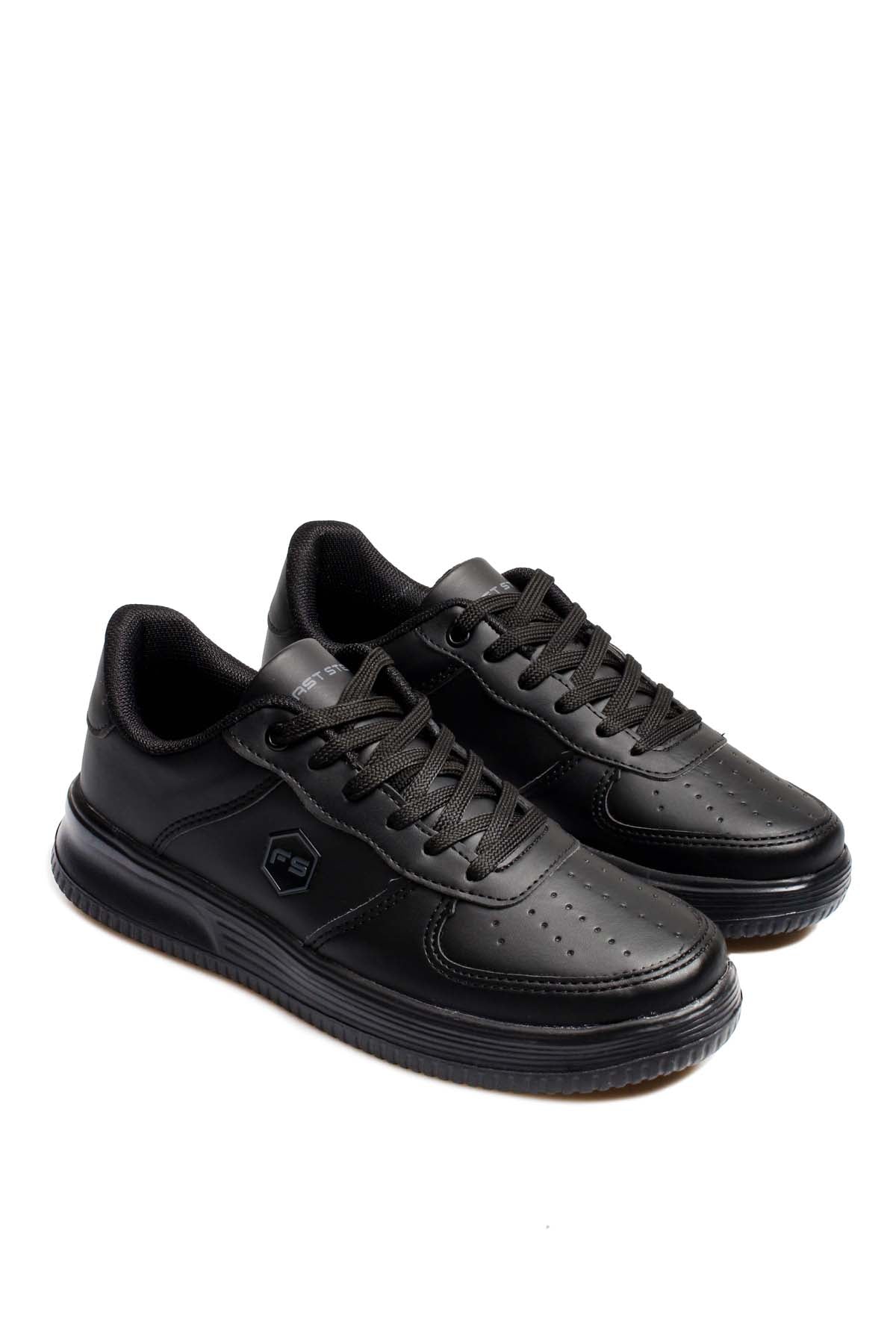 Men's Black Leather Low-Top Sneakers with Perforated Design – fabric detail view