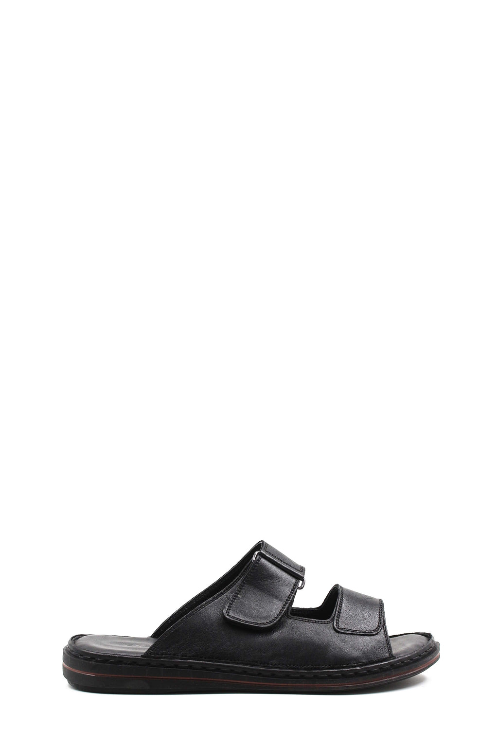 Men's Black Leather Open-Toe Slippers with Adjustable Straps – front view