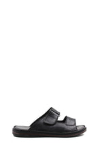 Men's Black Leather Open-Toe Slippers with Adjustable Straps – front view