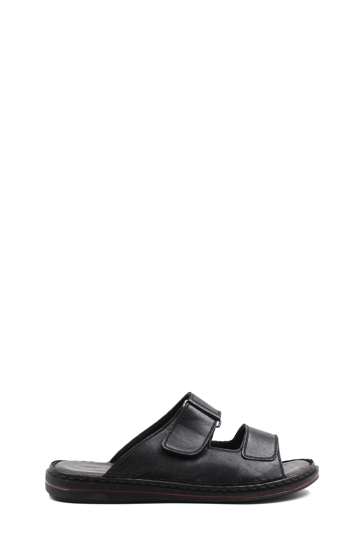 Men's Black Leather Open-Toe Slippers with Adjustable Straps – front view
