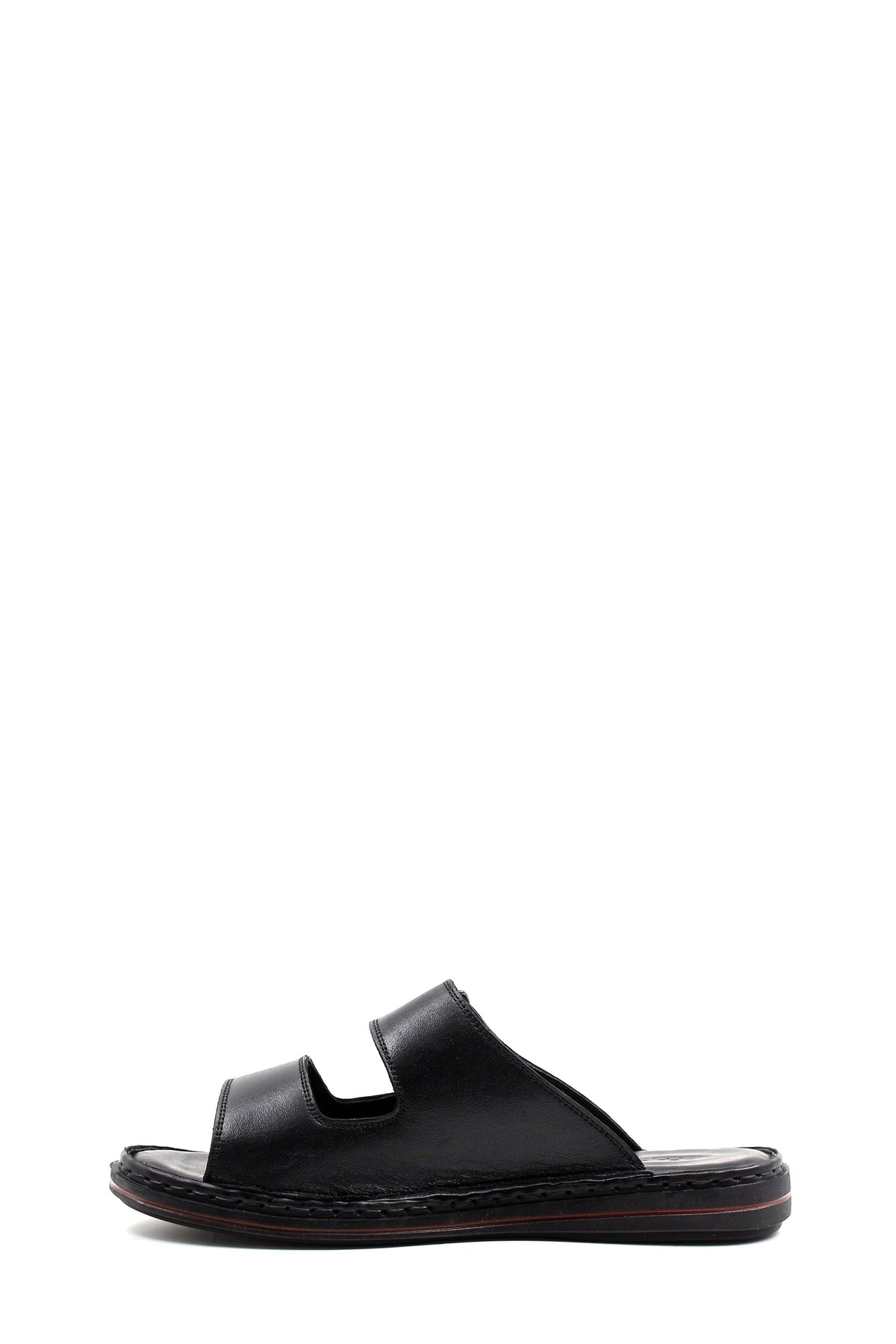 Men's Black Leather Open-Toe Slippers with Adjustable Straps – detail view