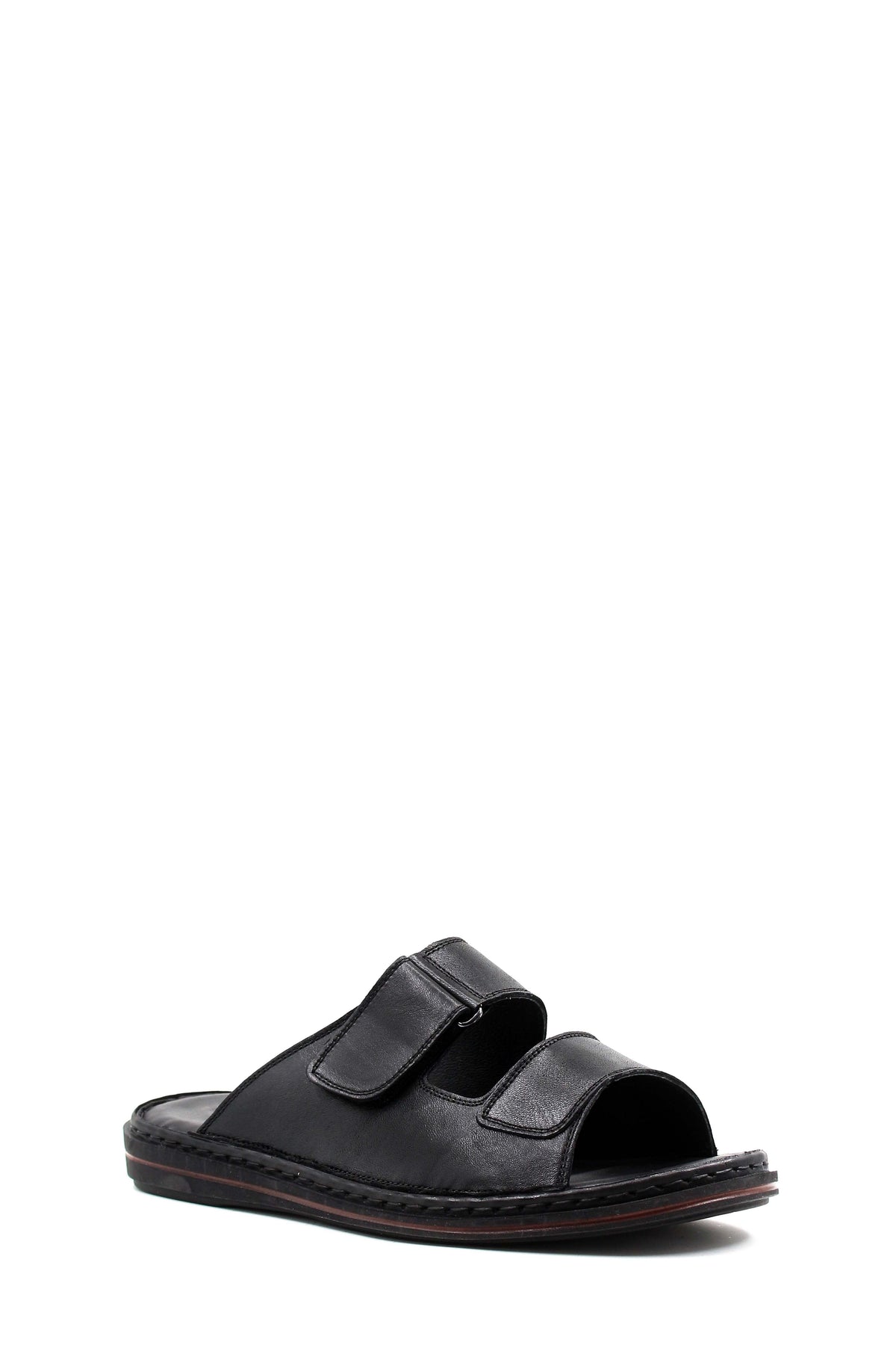 Men's Black Leather Open-Toe Slippers with Adjustable Straps – side view