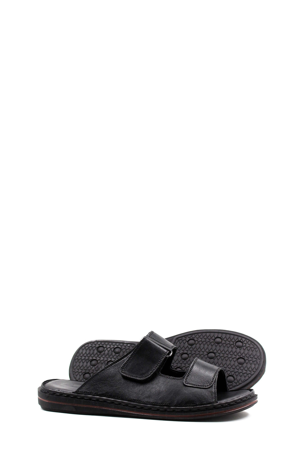 Men's Black Leather Open-Toe Slippers with Adjustable Straps – styled view