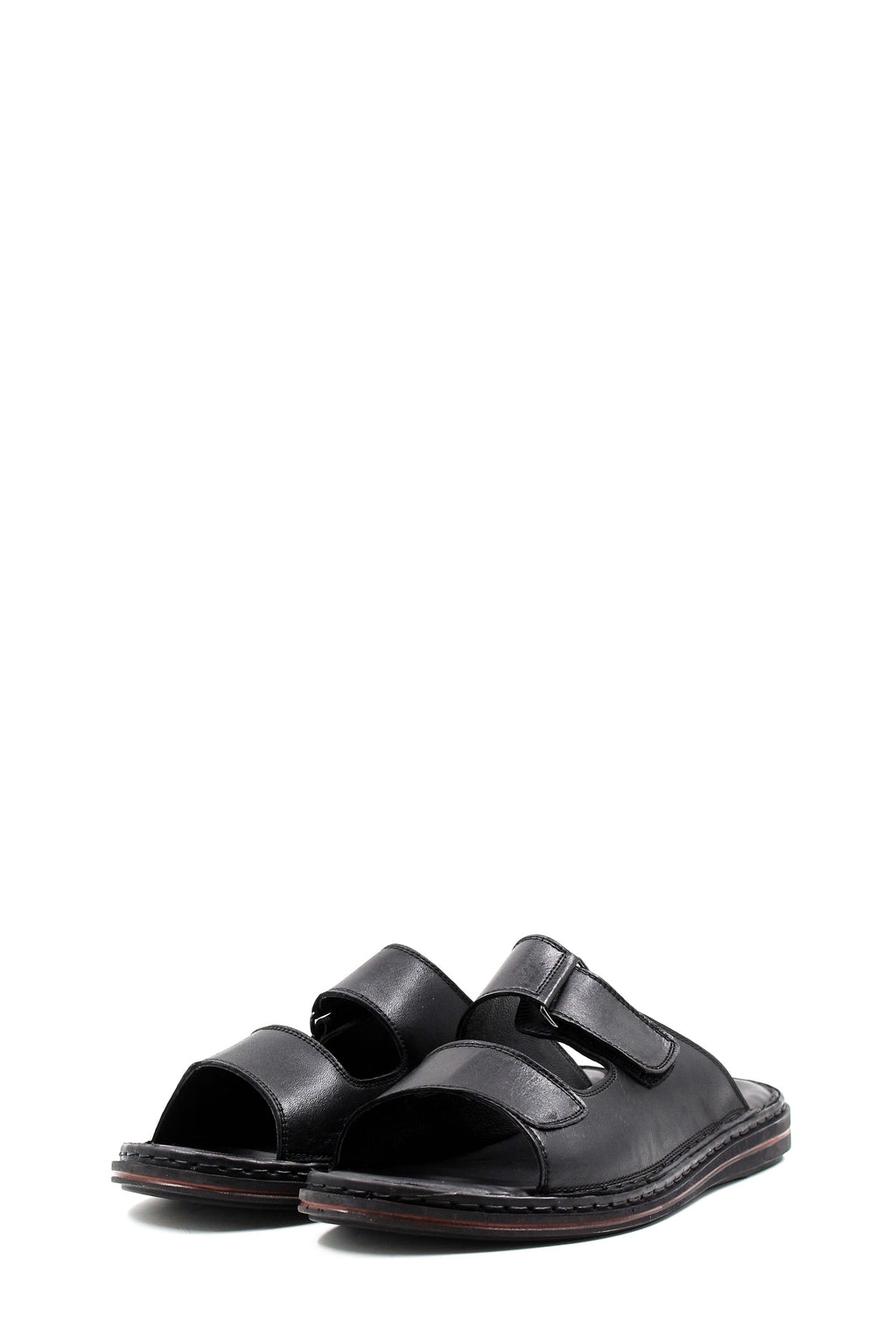 Men's Black Leather Open-Toe Slippers with Adjustable Straps – close up view