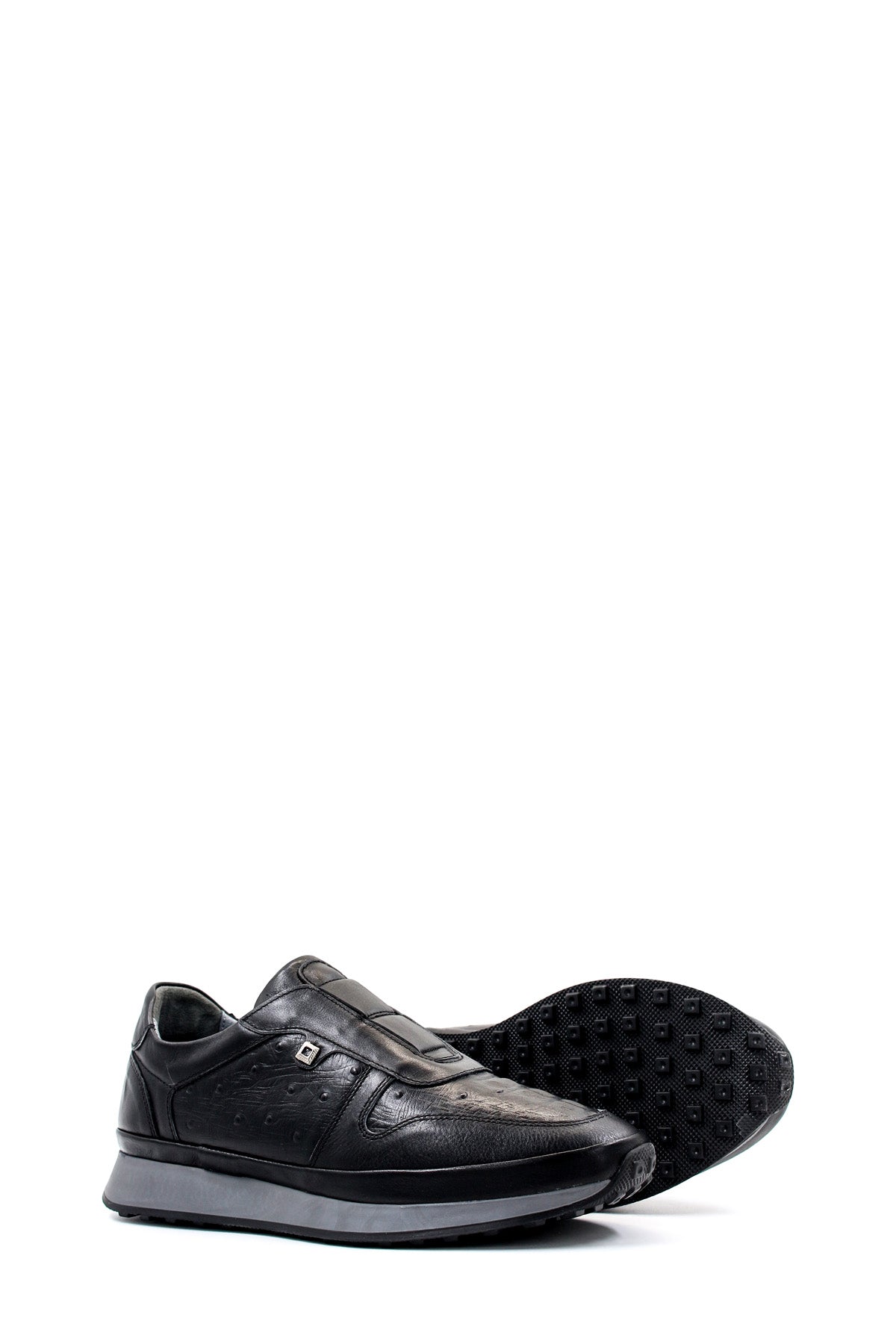Men's Black Leather Sneakers with Textured Sole – styled view