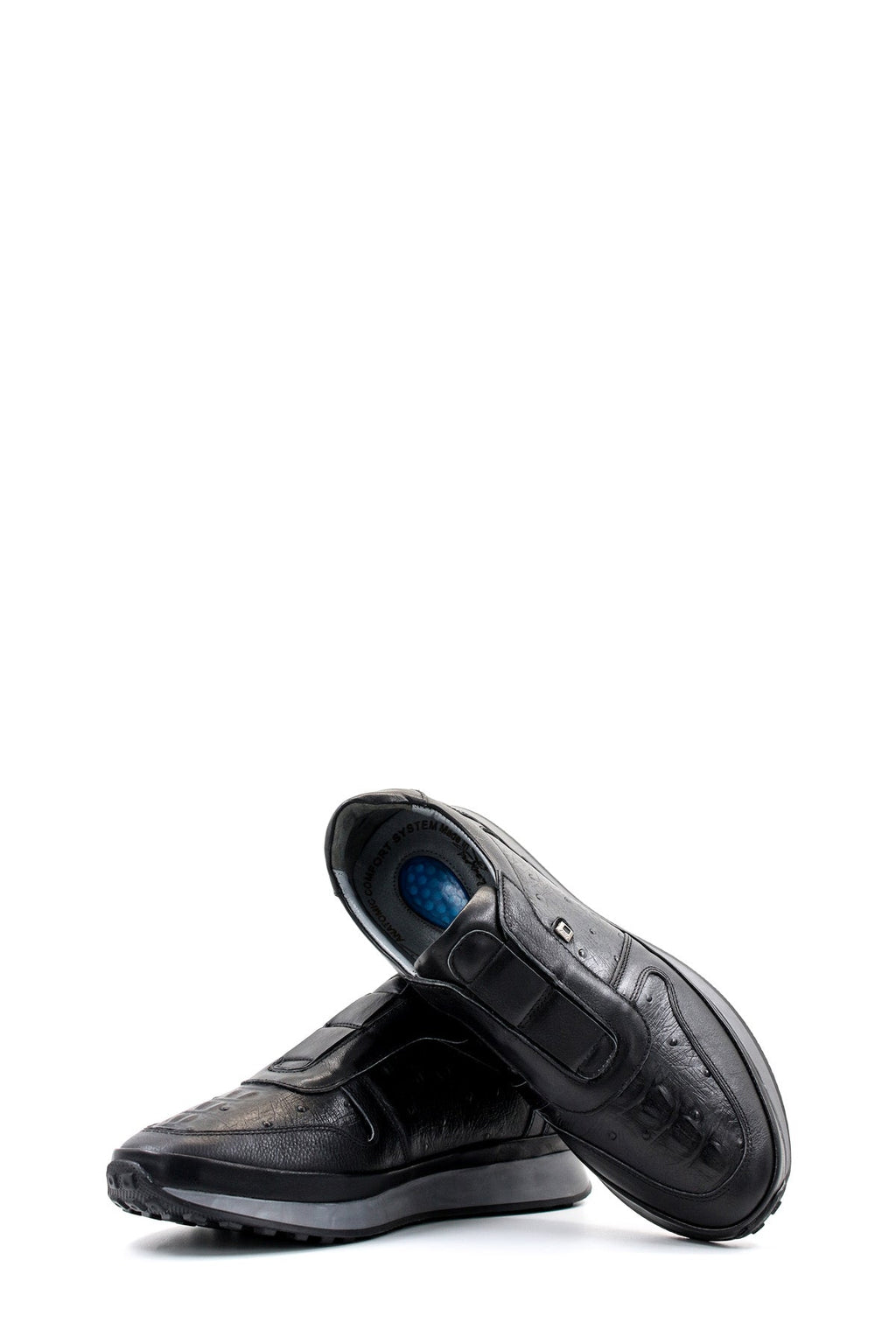 Men's Black Leather Sneakers with Textured Sole – close up view