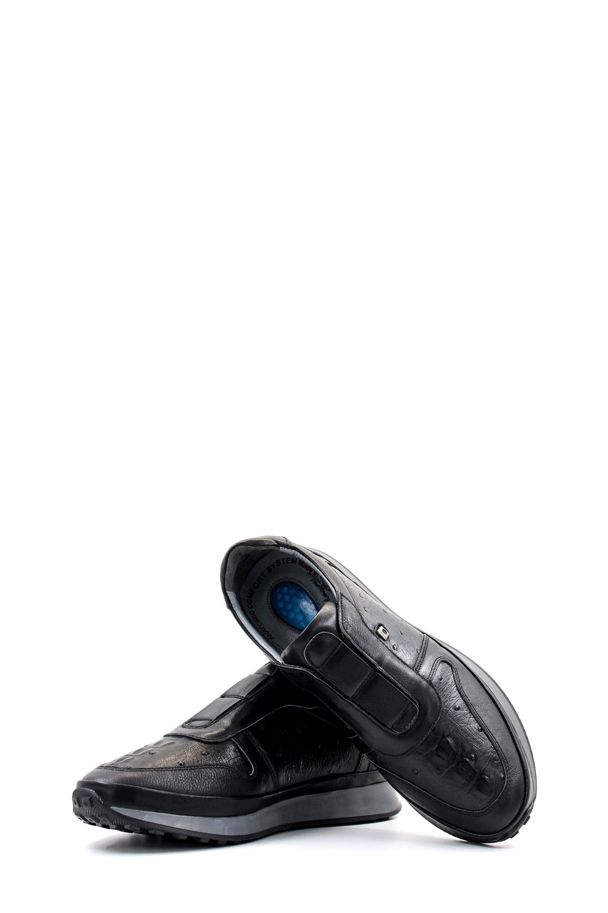 Men's Black Leather Sneakers with Textured Sole – close up view
