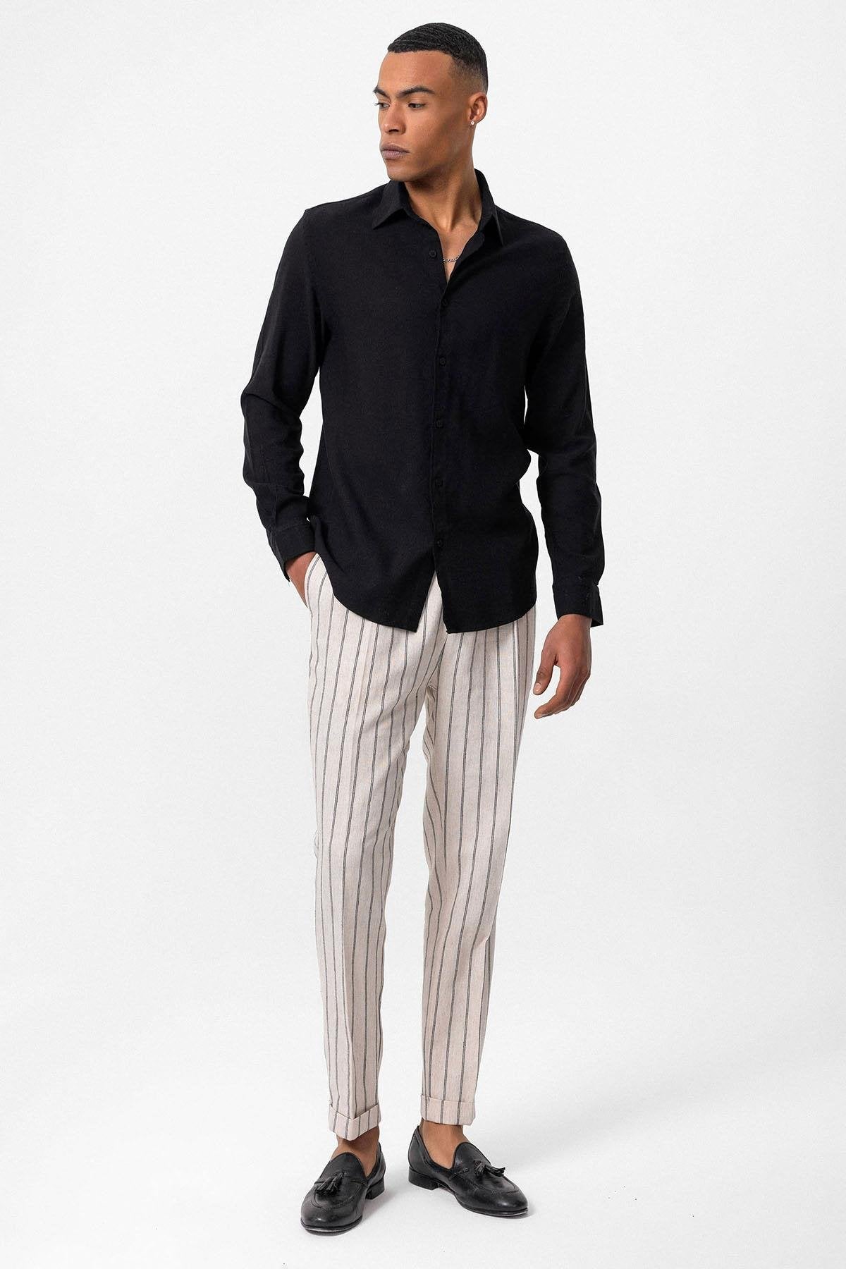 Men's Black Long Sleeve Linen Shirt – side view