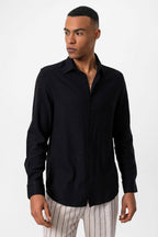Men's Black Long Sleeve Linen Shirt – styled view
