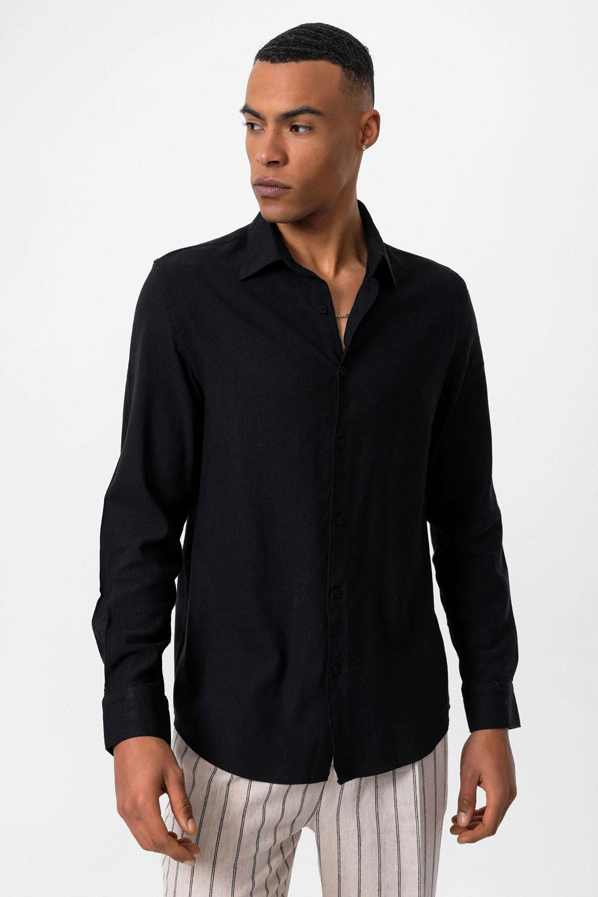 Men's Black Long Sleeve Linen Shirt – styled view