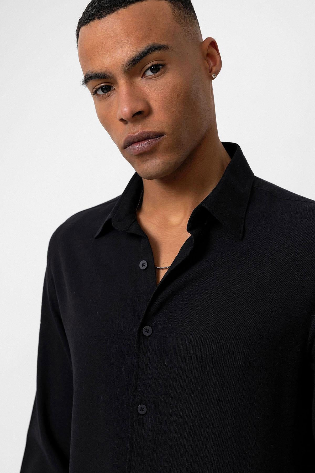 Men's Black Long Sleeve Linen Shirt – close up view