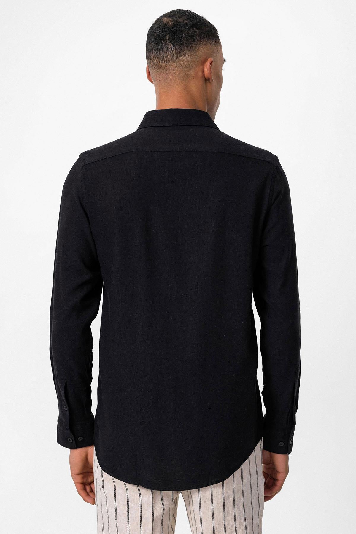 Men's Black Long Sleeve Linen Shirt – full look view