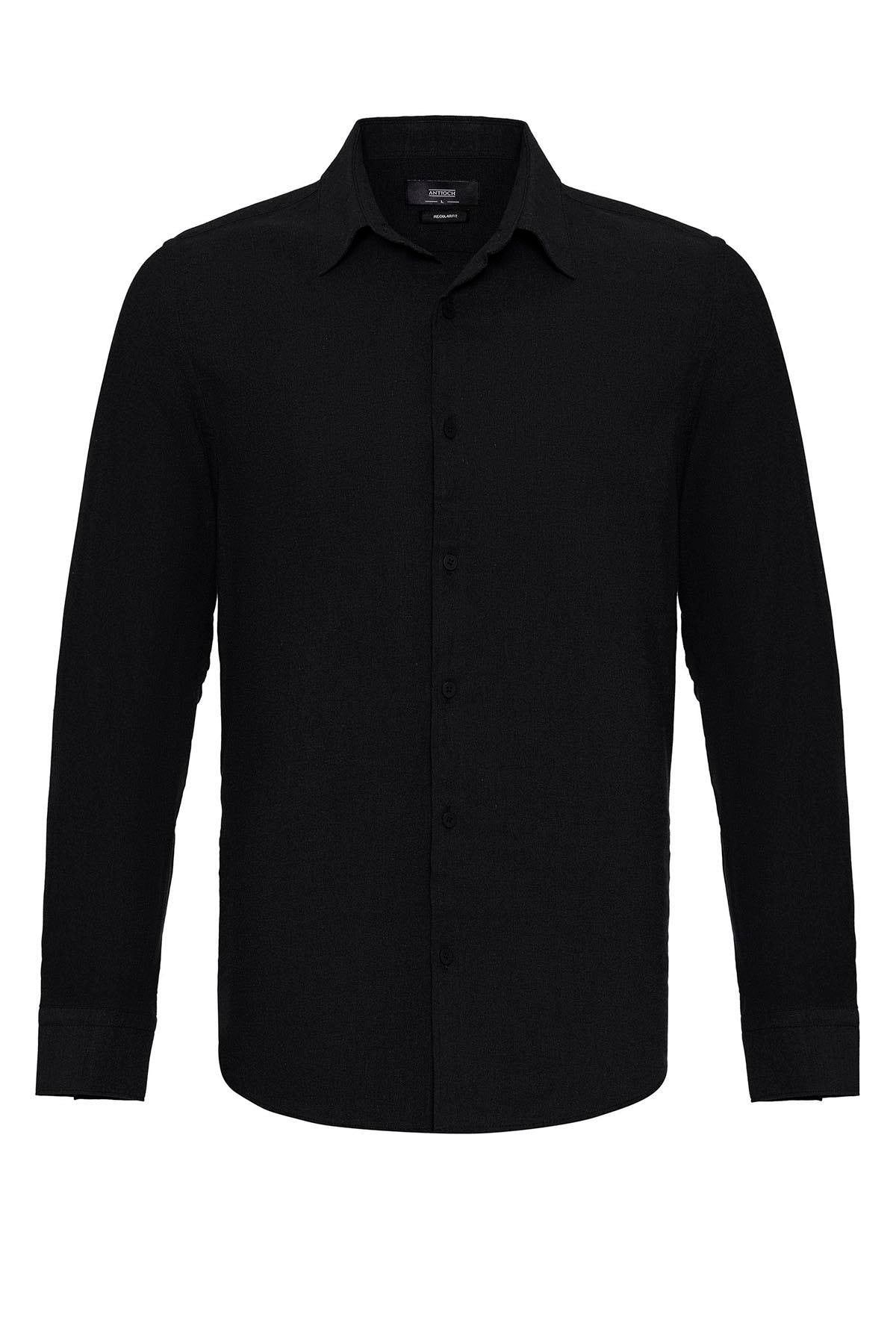 Men's Black Long Sleeve Linen Shirt – fabric detail view