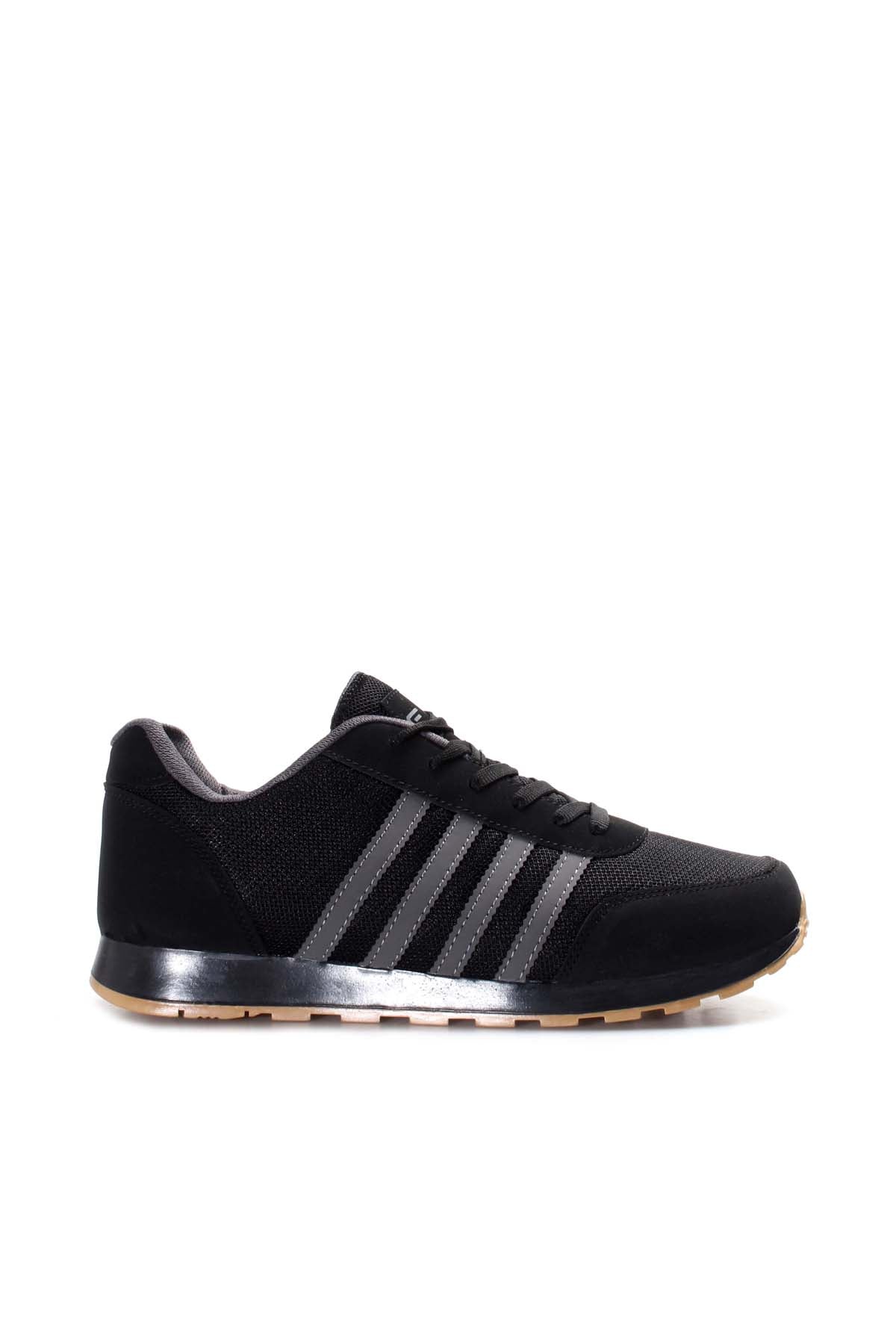 Men's Black Mesh Sneakers with Gray Stripe Accents – front view