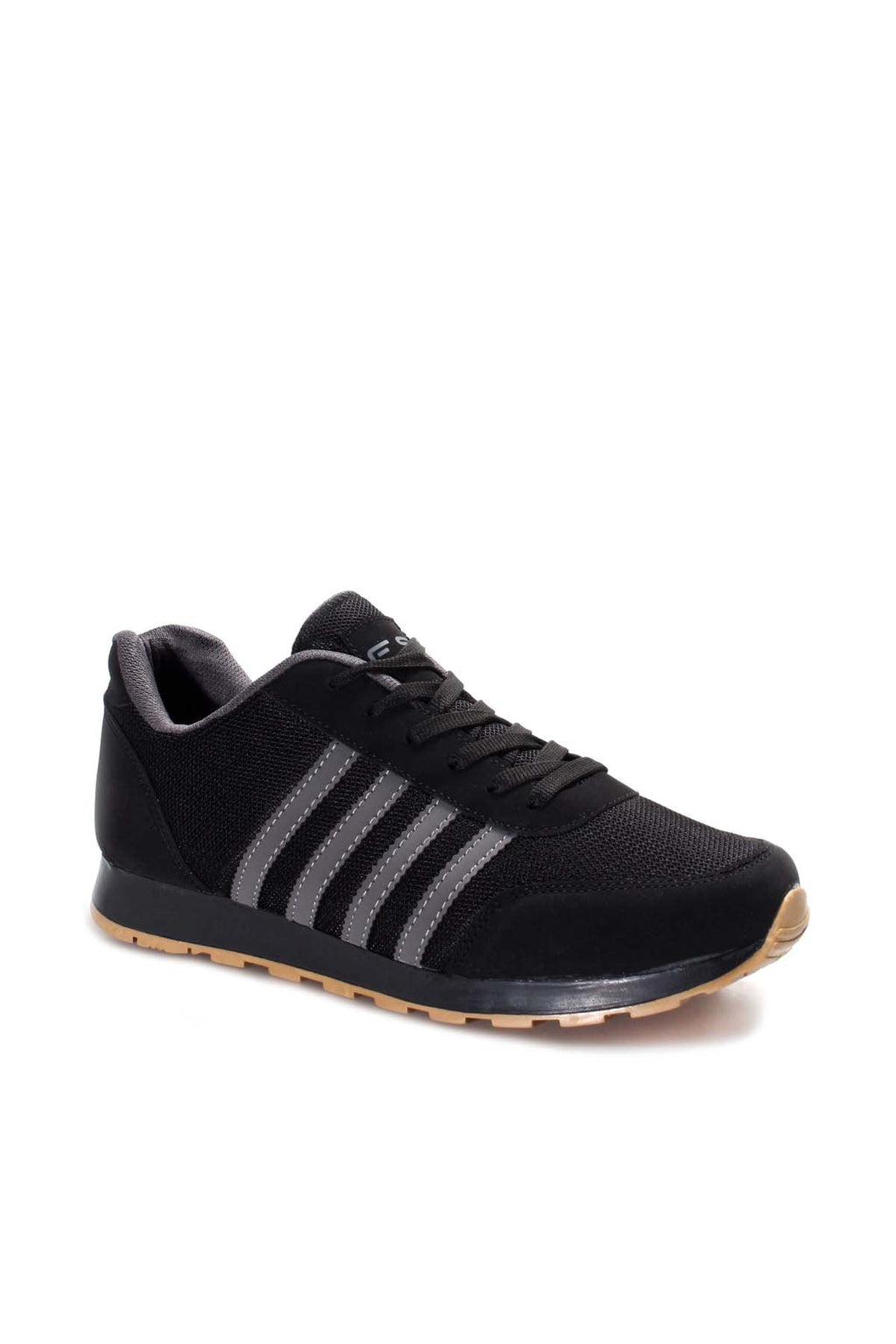 Men's Black Mesh Sneakers with Gray Stripe Accents – side view