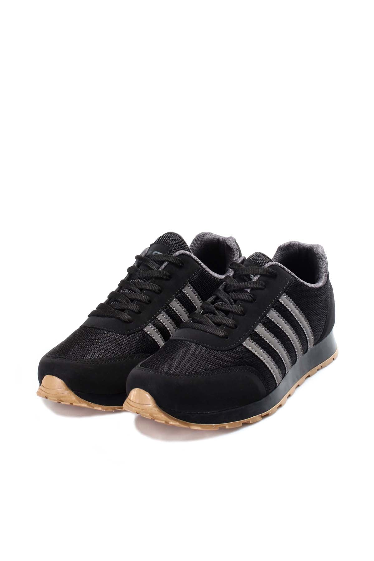 Men's Black Mesh Sneakers with Gray Stripe Accents – close up view