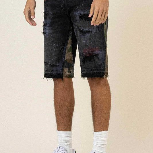 Men's Shorts Mens Black Multi Camo Paneled Released Hem Jean Shorts