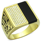 Mens Vandamme black onyx gold jewelry ring featuring sparkling diamonds and polished design