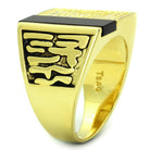 Mens Vandamme black onyx gold jewelry ring featuring a bold design with intricate detailing