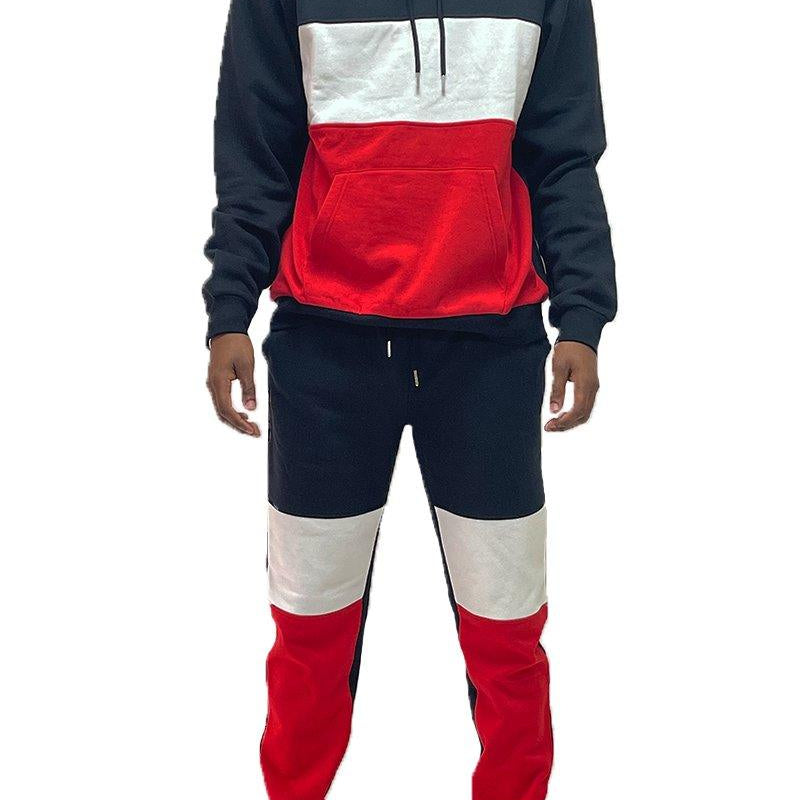 Men's 2PC Track Sets Mens Black Red Color Block Pullover Hoodie Sweat Pants Set