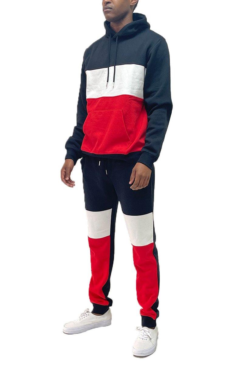 Men's 2PC Track Sets Mens Black Red Color Block Pullover Hoodie Sweat Pants Set