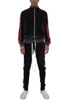 Men's 2PC Track Sets Mens Black Red Velour Track Set Zip Front Jacket Pants