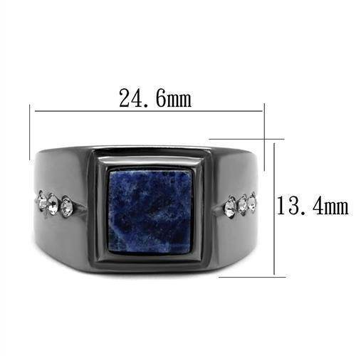 Men's black stainless steel ring featuring a blue stone and decorative accents