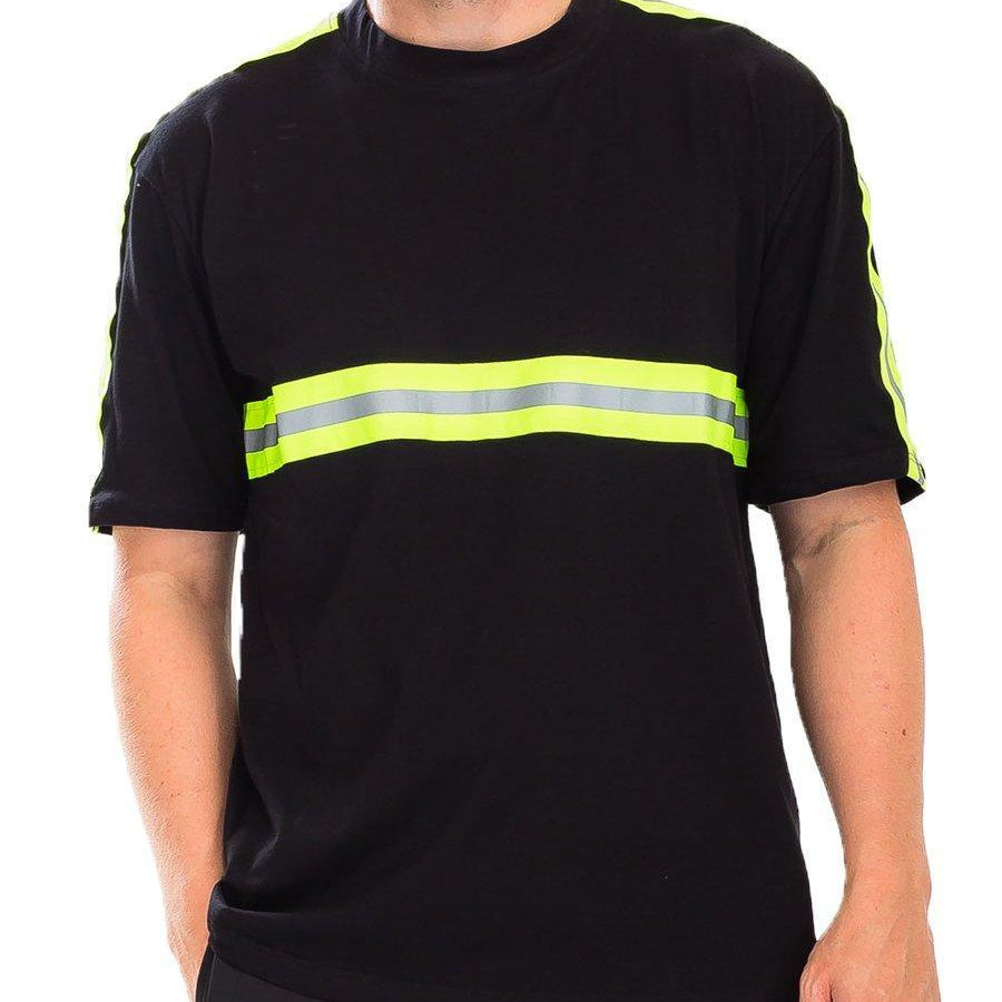 Men's Shirts - Tee's Mens Black T-Shirt Reflective Tape Stripes Shirt Crew Neck
