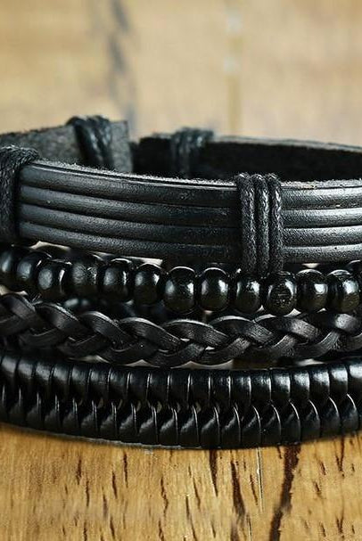 Men's Jewelry - Wristbands Mens Black Wristbands Set Of 4 Adjustable Multi-Layer Bracelets